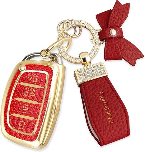متوافق مع غطاء Hyundai Key Fob مع سلسلة مفاتيح ماسية، متوافق مع Elantra Ioniq Sonata Tucson Elantra GT Smart Key Protector للنساء (4 أزرار-عقدة وردية) in Saudi Arabia