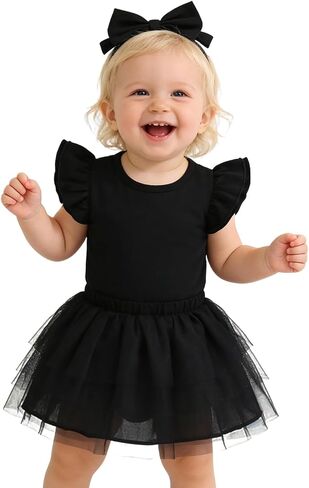 Newborn Solid Color Dress Bow Outfit Baby Girl Ruffle Sleeve Romper Dress Infant Jumpsuit Tutu Skirt Set Clothes in Saudi Arabia