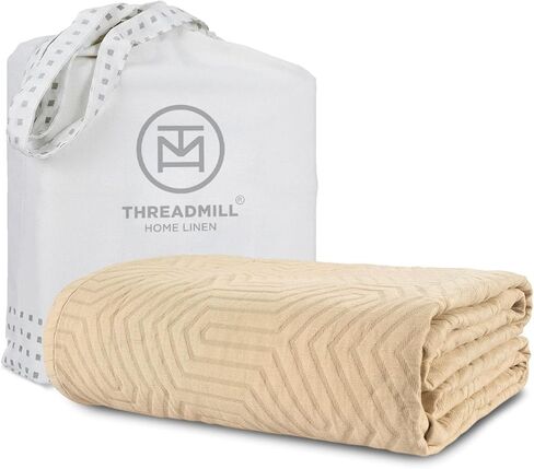 بطانيات قطنية فاخرة من Threadmill لسرير بحجم كوين | بطانية مقاس كوين من القطن بنسبة 100% لجميع المواسم | غطاء Aster Jacquard مريح خفيف الوزن وناعم وجيد التهوية يناسب سرير كامل الحجم، 90x92 | أبيض in Kuwait