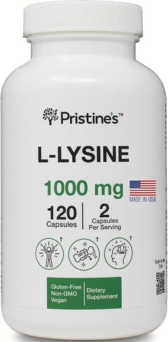 PRISTINE'S L Lysine 1000MG 60 Day Supply - الأحماض الأمينية الأساسية لصحة الشفاه واللثة ومكمل دعم المناعة - الدعم الأمثل للعضلات والأنسجة - إنتاج الكولاجين - نباتي - خالي من الغلوتين in Kuwait