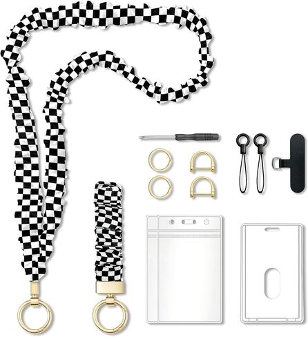 Scrunchie Lanyard for ID Badges - Elastic Cute Teacher Lanyard with ID Holder, Neck and Wrist Keychain for Office Staff (Black & White) in Saudi Arabia