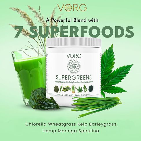 VORG SuperGreens - مسحوق الطعام الأخضر رقم 1 مع الكلوريلا وعشب الشعير والمورينجا وعشب البحر والسبيرولينا وعشب القمح - عضوي 100% - البروبيوتيك والألياف والإنزيمات (كمية تكفي لمدة أسبوع واحد) in Saudi Arabia