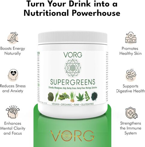 VORG SuperGreens - مسحوق الطعام الأخضر رقم 1 مع الكلوريلا وعشب الشعير والمورينجا وعشب البحر والسبيرولينا وعشب القمح - عضوي 100% - البروبيوتيك والألياف والإنزيمات (كمية تكفي لمدة أسبوع واحد) in Saudi Arabia
