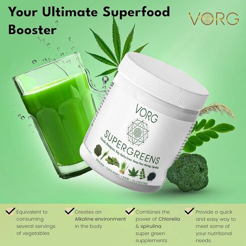 VORG SuperGreens - مسحوق الطعام الأخضر رقم 1 مع الكلوريلا وعشب الشعير والمورينجا وعشب البحر والسبيرولينا وعشب القمح - عضوي 100% - البروبيوتيك والألياف والإنزيمات (كمية تكفي لمدة أسبوع واحد) in Saudi Arabia