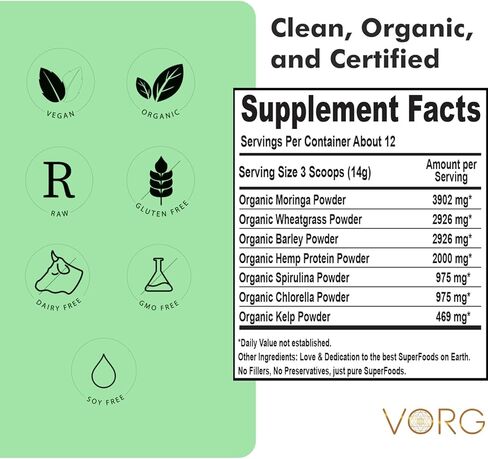 VORG SuperGreens - مسحوق الطعام الأخضر رقم 1 مع الكلوريلا وعشب الشعير والمورينجا وعشب البحر والسبيرولينا وعشب القمح - عضوي 100% - البروبيوتيك والألياف والإنزيمات (كمية تكفي لمدة أسبوع واحد) in Saudi Arabia