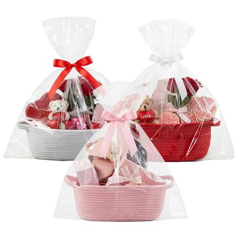 3 Pcs Gift Basket Empty, Halloween Small Woven Rope Basket with Gift Bags and Ribbons, 12 x 8 x 5 Toy Storage Bag for Baby and Pet Baby Shower Party Decoration in Saudi Arabia