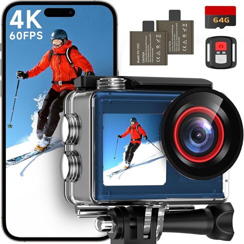 كاميرا الحركة ODDV 4K60FPS بدقة 30 ميجابكسل مع شاشات LCD أمامية وشاشات خلفية تعمل باللمس، وكاميرا تحت الماء مع بطاقة ذاكرة سعة 64 جيجابايت، وكاميرا مقاومة للماء بطول 132 قدمًا، ونظام EIS، وتكبير 5X، وجهاز تحكم عن بعد WiFi (أسود) in Kuwait