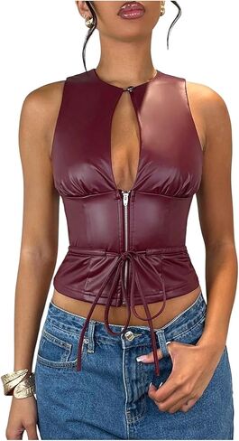 WDIRARA Women's Faux Leather Cut Out Tank Top Tie Knot Sleeveless Round Neck Tops in Saudi Arabia