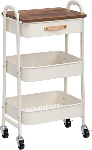 AGTEK Movable Rolling Organizer Cart with Drawer, 3 Tier Metal Utility Cart with Hanging Cups, Drawer with Leather Handle, Mobile Trolley Cart for Home & Office, Black in Saudi Arabia