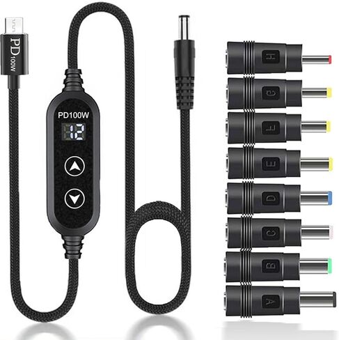 كابل USB C إلى DC 5V/9V/12V/15V/20V مع 8 رؤوس تحويل DC وشاشة عرض LED، وكابل طاقة USB إلى DC للاستخدام مع شاحن PD وبنك الطاقة PD لمكبرات الصوت وأجهزة التوجيه وأجهزة الكمبيوتر المحمولة (3.9 قدم) in Kuwait
