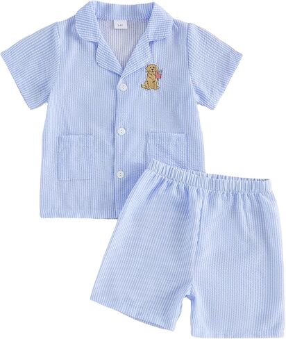 Babieshouse Toddler Baby Girl Boy Easter Pajamas Set Bunny Print Short Sleeve Button Down Shirt Top Shorts Pjs Set Sleepwear in Saudi Arabia