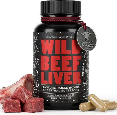كبسولات كبد البقر التي تتغذى على العشب من Wild Foods - مكمل كبد الأبقار المرتفع في المراعي - 120 كبسولة هلامية - 3000 مجم لكل وجبة - مكمل لأعضاء لحم البقر للطاقة الطبيعية ودعم المناعة in Kuwait