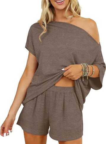 Dressmine 2 قطعة مثير Pjs صالة مجموعة المرأة بيجامة مجموعات Batwing قبالة الكتف أعلى السراويل الصيف ملابس خاصة in Saudi Arabia