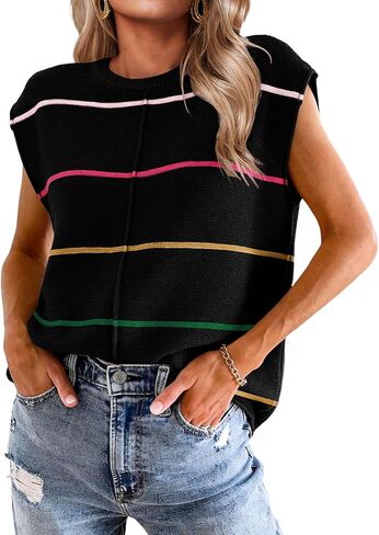 Womens Cap Sleeve Summer Tops Striped Sweater Vest Lightweight Casual Crewneck Loose Knit Pullover Tank Top in Saudi Arabia