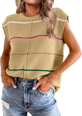 Womens Cap Sleeve Summer Tops Striped Sweater Vest Lightweight Casual Crewneck Loose Knit Pullover Tank Top in Saudi Arabia