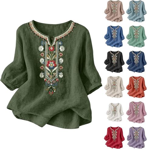 Embroidered Tops for Women 3/4 Sleeve Boho Cotton Linen Shirts Loose Dressy Gauze Blouses Casual Bohemian Tops in Saudi Arabia