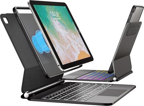 حافظة Magic لجهاز iPad 9th 8th 7th Generation 10.2 بوصة مع لوحة مفاتيح + قلم، لوحة تتبع عائمة بإضاءة خلفية بألوان قوس قزح مع غطاء مغناطيسي ناتئ لجهاز iPad Air 3rd Gen Pro10.5 أسود in Kuwait