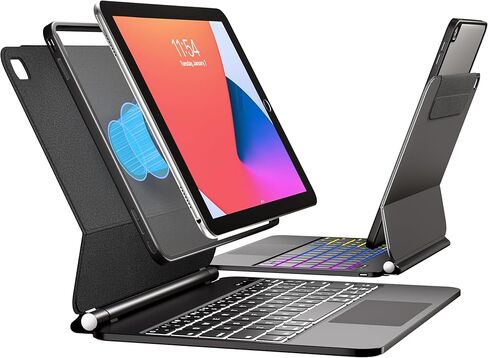 حافظة Magic لجهاز iPad 9th 8th 7th Generation 10.2 بوصة مع لوحة مفاتيح + قلم، لوحة تتبع عائمة بإضاءة خلفية بألوان قوس قزح مع غطاء مغناطيسي ناتئ لجهاز iPad Air 3rd Gen Pro10.5 أسود in Kuwait