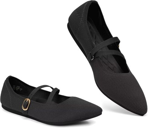 Women's Mary Jane Flats Knit Ballet Flats Pointed Toe Comfortable Ballerina Walking Dressy Office Slip-on Shoes with Adjustable Straps in Saudi Arabia