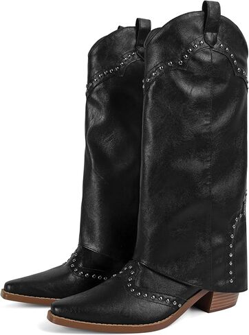 أضعاف فوق أحذية القرش للنساء قص اصبع القدم كعب مكتنزة واسعة العجل أحذية رعاة البقر مرصعة سحب على الموضة الكلاسيكية فستان الحفلات أحذية راعية البقر in Kuwait