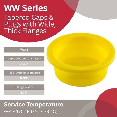 Caplugs 99394867 غطاء بلاستيكي مدبب وقابس مع شفة سميكة واسعة WW-8، PE-LD، غطاء OD 0.558" معرف التوصيل 0.725"، أصفر (عبوة من 200) in Saudi Arabia