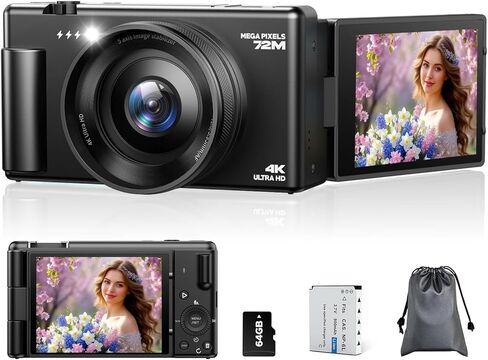 كاميرات رقمية بدقة 4K للتصوير الفوتوغرافي، وكاميرا مدونات فيديو مدمجة مع شاشة قلابة، وكاميرا يوتيوب بتكبير رقمي 18X، مثالية للكبار والأولاد والبنات باللون الأسود in Kuwait