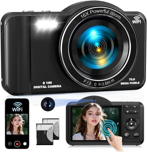 كاميرا رقمية، كاميرات تسجيل فيديو واي فاي بدقة 4K بدقة 75 ميجابكسل للتصوير الفوتوغرافي وشاشة اللمس والتركيز التلقائي وكاميرا فيديو للمراهقين والبالغين المبتدئين مع تكبير 16X وبطاقة 32 جيجابايت in Kuwait
