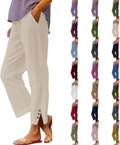 Cropped Linen Pants Women 2026 Summer Loose Fit Casual Gauze Pant Elastic Waist Capri Beach Trouser with Pockets in Saudi Arabia