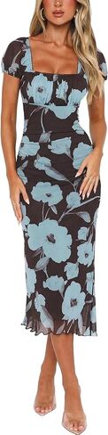 Relipop Women's Summer Midi Dress 2026 Floral Causal Square Neck Bodycon Mesh Ruched Short Sleeve Beach Vacation Long Dresses in Saudi Arabia