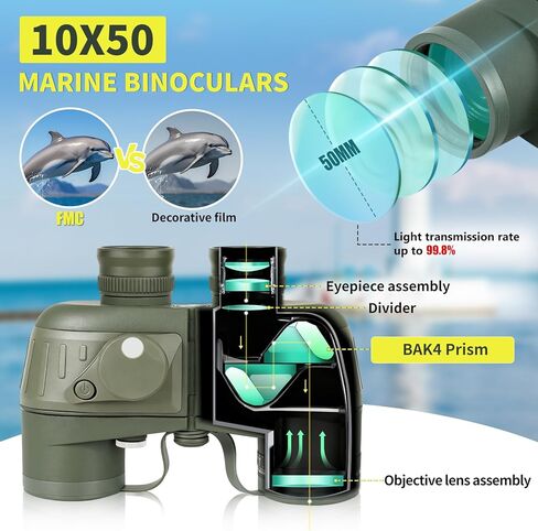 مناظير بحرية 8X30 للبالغين مع محدد المدى والبوصلة، محول الهاتف، مناظير عسكرية مقاومة للماء IPX7 مع عدسة BAK4 Prism FMC للإبحار والقوارب والملاحة ومشاهدة الطيور in Kuwait