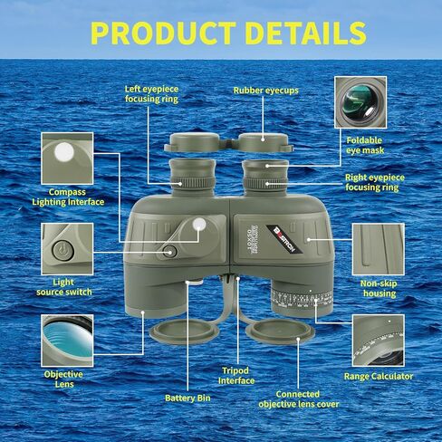مناظير بحرية 8X30 للبالغين مع محدد المدى والبوصلة، محول الهاتف، مناظير عسكرية مقاومة للماء IPX7 مع عدسة BAK4 Prism FMC للإبحار والقوارب والملاحة ومشاهدة الطيور in Kuwait