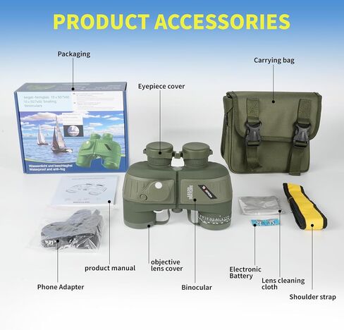 مناظير بحرية 8X30 للبالغين مع محدد المدى والبوصلة، محول الهاتف، مناظير عسكرية مقاومة للماء IPX7 مع عدسة BAK4 Prism FMC للإبحار والقوارب والملاحة ومشاهدة الطيور in Kuwait