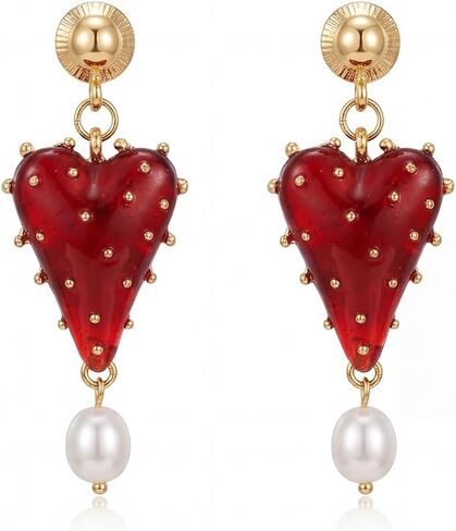 Vintage Red Heart Dangle Earrings for Women, KC Gold Plated Zinc Alloy Resin Heart Drop Earrings with Faux Pearl, Retro Elegant Statement Earrings for Wedding Party Valentine's Day Gift in Saudi Arabia