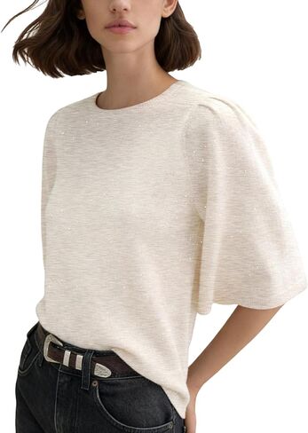 Women's Flare Sleeve Sweater Sparkles Tops Lightweight Knit Pullover Trendy Casual Crewneck with Scallop Trim in Saudi Arabia