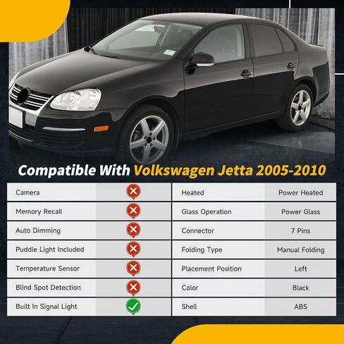 مرآة جانبية سوداء متوافقة مع Volkswagen Jetta 2005 2006 2007 2008 2009 2010، مع ضوء إشارة الانعطاف / تسخين / طي يدوي / استبدال مرآة الباب الزجاجية الكهربائية # VW1321122 861033 (7 دبابيس، الركاب الأيمن) in Kuwait