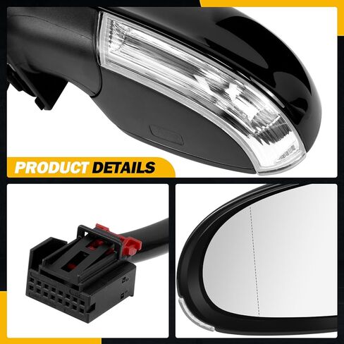 مرآة جانبية سوداء متوافقة مع Volkswagen Jetta 2005 2006 2007 2008 2009 2010، مع ضوء إشارة الانعطاف / تسخين / طي يدوي / استبدال مرآة الباب الزجاجية الكهربائية # VW1321122 861033 (7 دبابيس، الركاب الأيمن) in Kuwait