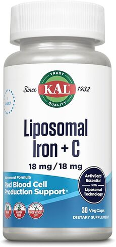 KAL Liposomal Iron Supplement with Liposomal Vitamin C, Iron Supplement for Women and Men, High Absorption, Gentle Iron Pills, Vegan, Gluten Free, 30 Servings, 30 VegCaps in Saudi Arabia