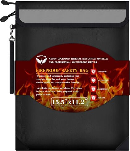 Fireproof Document Bag, 15.5" x 11.2" Waterproof Money Bag with Two Zipper Pockets， Important Documents、Cash、Passport and Important Document Organizer，Legal Documents Safe in Saudi Arabia