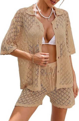 Womens Crochet Knit Swimsuit Cover Up 2 Piece Summer 2026 Mesh Bathing Suit Short Sleeve Beach Coverup Set in Kuwait