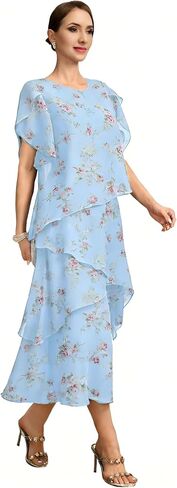 Flutter Sleeves Mother of The Bride Dresses for Women Floral Chiffon Formal Long Dress for Wedding Guest Grey US18 in Saudi Arabia