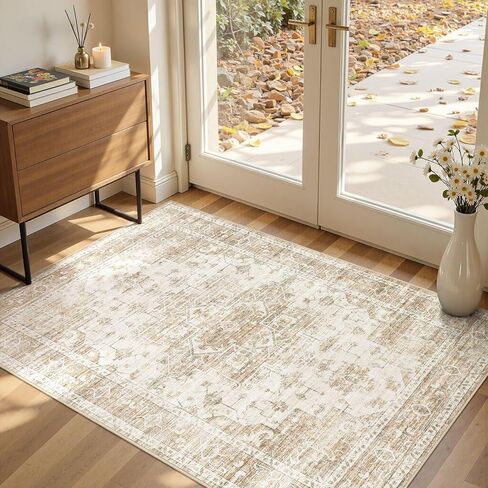 5x7 Area Rugs for Living Room, Non-Slip Washable Soft Vintage Rug for Bedroom Dining Room, Low Pile Stain Resistant Large Carpet for Home Office Nursery Kid & Pet Friendly - Beige in Saudi Arabia