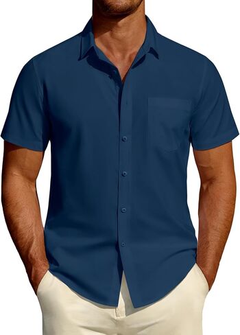 DEMEANOR Mens Short Sleeve Dress Shirts Cotton Solid Casual Summer Wedding Button Down Shirt with Pocket in Saudi Arabia