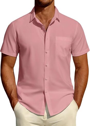 DEMEANOR Mens Short Sleeve Dress Shirts Cotton Solid Casual Summer Wedding Button Down Shirt with Pocket in Saudi Arabia