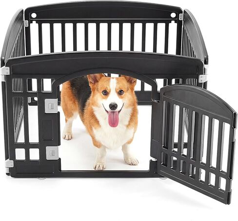 NEWBULIG Dog Playpen 4-Panel، 24IN جرو روضة، قلم لعب للكلاب مستقر في الداخل / في الهواء الطلق مع باب قفل آمن، سياج بلاستيكي للحيوانات الأليفة للكلاب الصغيرة والمتوسطة in Kuwait