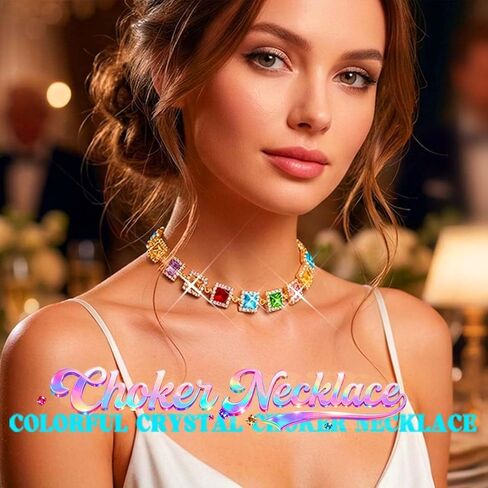 ACEDRE Colorful Rhinestone Choker Necklace Gold Multicolor Gemstone Prom Costume Jewelry for Women in Saudi Arabia