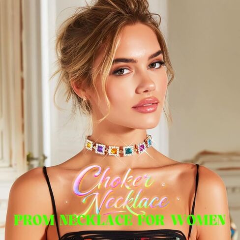 ACEDRE Colorful Rhinestone Choker Necklace Gold Multicolor Gemstone Prom Costume Jewelry for Women in Saudi Arabia