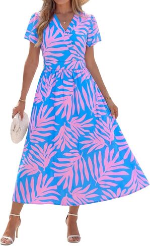 popvil Women Spring Floral Maxi Dress Wedding Guest 2026 Summer Flowy Long Dress Boho Casual Wrap V Neck Ruffle Sleeve Dress in Saudi Arabia
