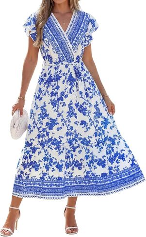 popvil Women Spring Floral Maxi Dress Wedding Guest 2026 Summer Flowy Long Dress Boho Casual Wrap V Neck Ruffle Sleeve Dress in Saudi Arabia