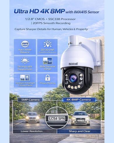 كاميرا JideTech 4K 8MP خارجية PTZ IP PoE مع 200x Hybird Zoom Pan Tilt Auto Tracking Security Dome Cameras، كشف الإنسان/المركبة، 492ft IR، رؤية ليلية ملونة، محادثة ثنائية الاتجاه، BlueIris، لـ ONVIF NVR in Kuwait