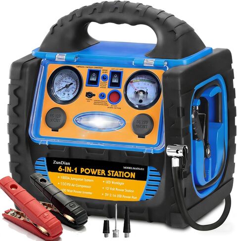 2200A Peak 6-in-1 Jump Starter مع ضاغط هواء 260PSI منفاخ إطارات، محطة طاقة 400 واط مع منافذ تيار متردد/تيار مستمر/USB، حزمة بطارية سيارة 12 فولت لمحركات الديزل 8.5 لتر غاز/6 لتر in Kuwait
